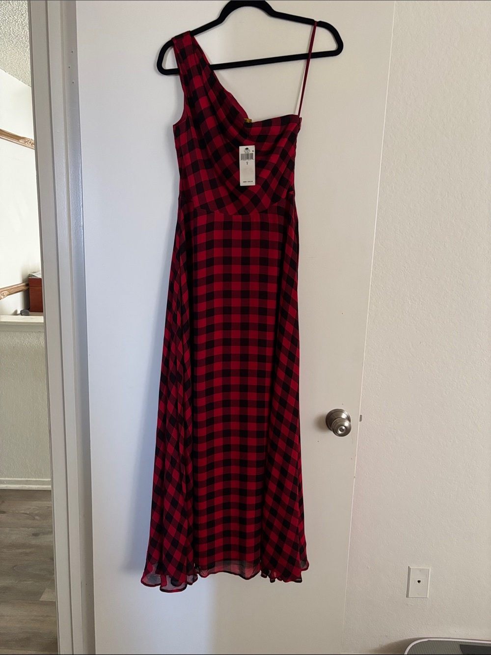 Red and Black Plaid One-Shoulder Maxi Dress